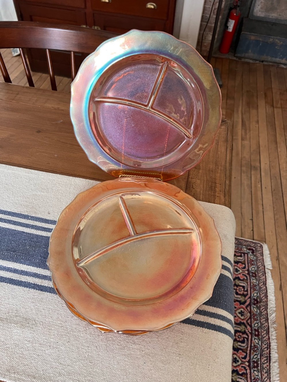 4 Vtg Federal Normandie Marigold Sunburst Carnival Glass Divided Dinner Plates - Picture 7 of 10